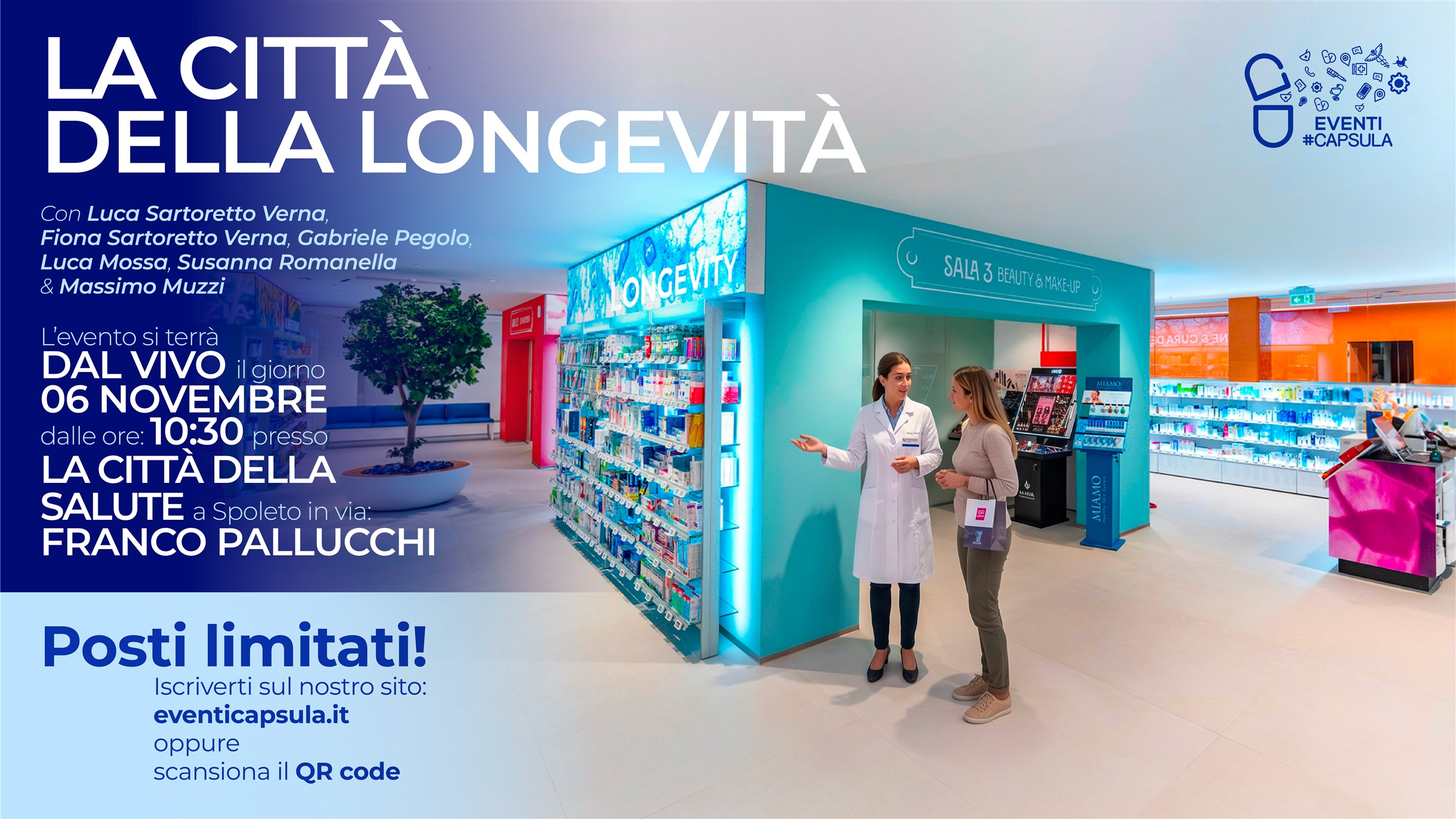 Locandina dell’evento La città della longevità con i relatori, la data e la sede